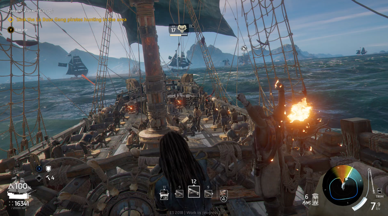 Skull & Bones, as captured during my playthrough of the game’s E3 demo. The main ship in my sights is controlled by AI, but other player-pirates were sailing nearby.